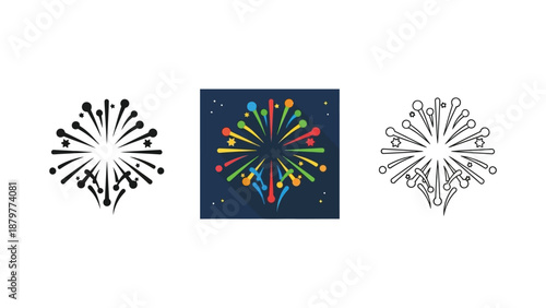 Set of three graphic styles illustrating an exploding firework burst for celebration events