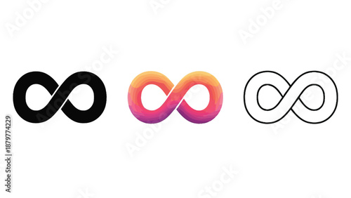 Collection of infinity symbols showing solid outline and colorful gradient design variations