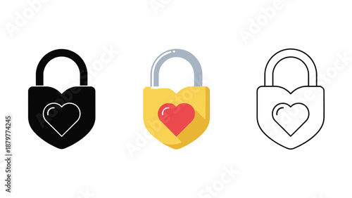 Collection of three distinct heart shaped love lock icons presented in flat silhouette and outline styles