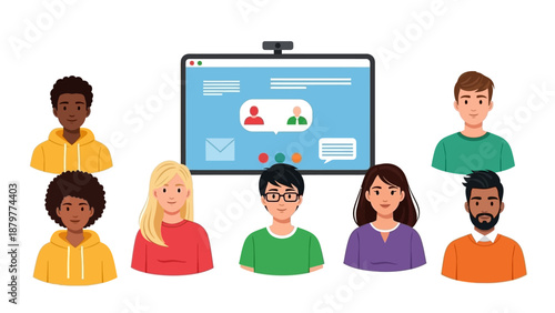 Diverse group of people participating in a virtual online meeting with video conference screen.