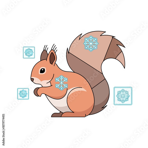 A cartoon squirrel with snowflakes on its fur standing in a winter landscape viewed from the side