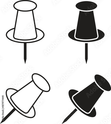 Thumbtack push pin icon vector, Flat black Glyph pictogram for office, map location, note, reminder, attachment design.