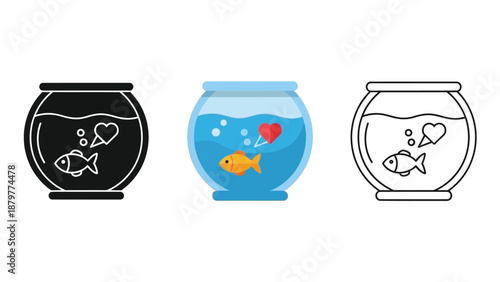 Goldfish in a bowl with heart symbol illustrates concept of aquatic pet love and romance