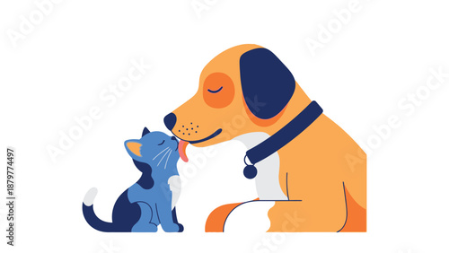 Friendly orange dog affectionately gives a small blue cat a gentle loving lick