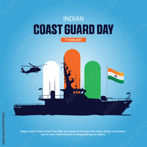 Foto indian coast guard day, vector illustration featuring naval patrol ship, rescue