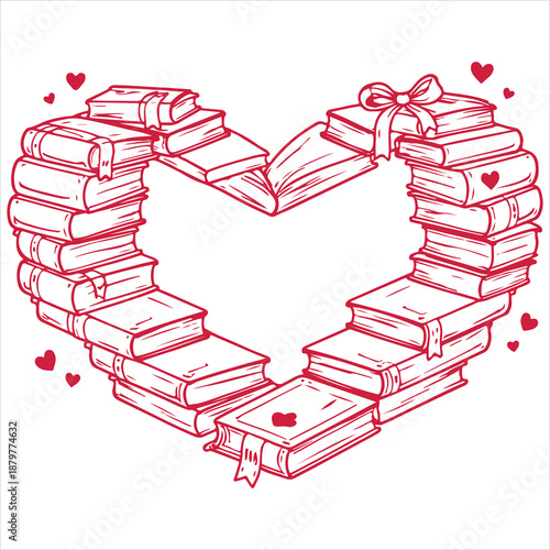 Heart Book Stack Illustration, Hand Drawn Valentine Book Clipart, Cute Book Lover design, Romantic Hand-Drawn bookish Graphic
