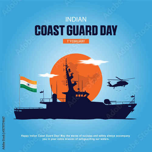 Modern indian coast guard day flat vector design featuring patrol vessel helicopter and india map background