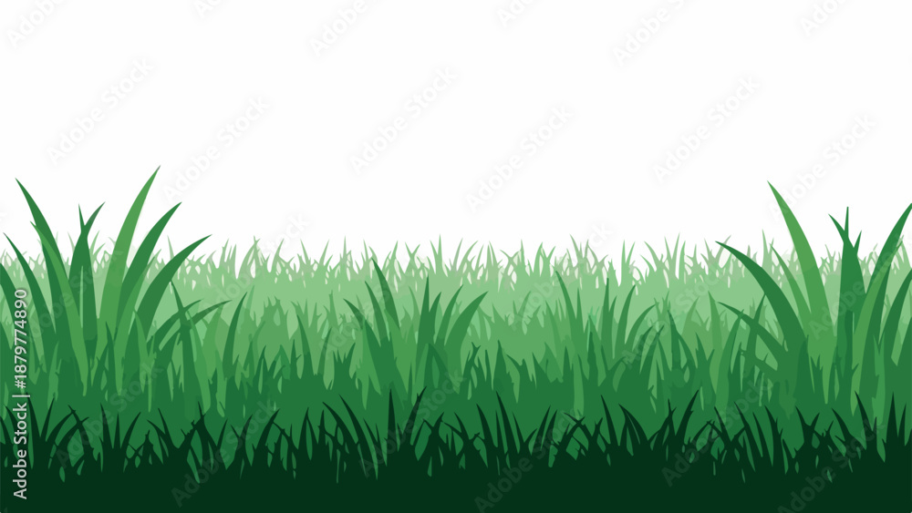 Fototapeta premium Gradient illustration of green grass blades on a white background with dark shadows at the bottom.