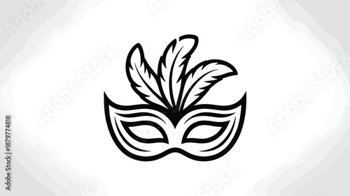 Elegant black and white outline masquerade mask with decorative feathers icon Vector