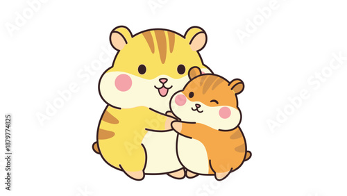 Adorable cartoon illustration of two small hamsters hugging sweetly on a white background