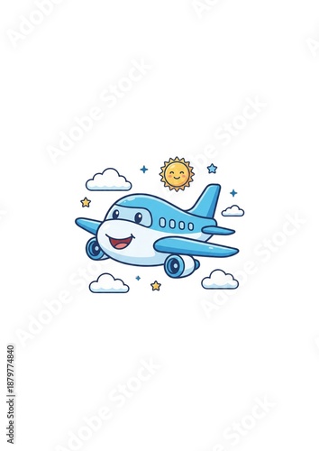 Cute Smiling Blue Airplane Flying in the Sky Cartoon Illustration