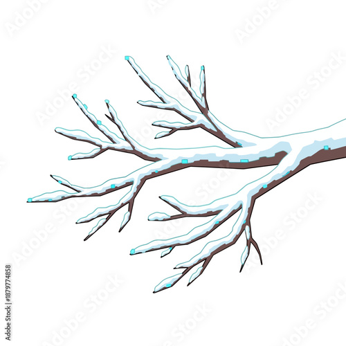Snow-covered tree branch illustration with frosty twigs and icy texture from a close-up viewpoint