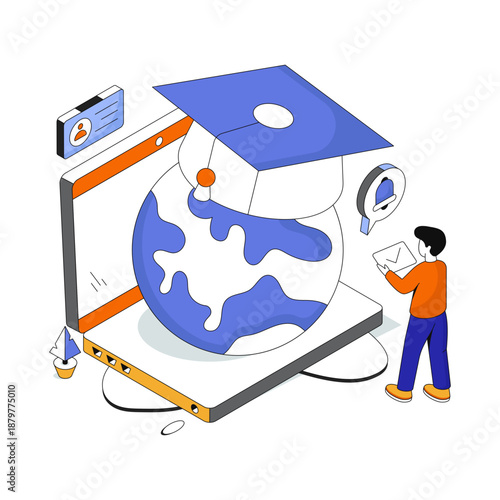 Globe with mortarboard, isometric design of global learning 