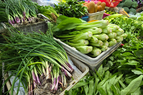 Fresh Leafy Greens and Spring Onions at Local Wet Market