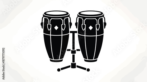 A classic pair of conga drums standing on a sturdy metal stand, rendered as a simple black icon. Vector