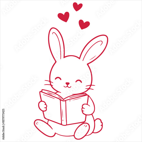 Love Reading Bunny Illustration, Hand Drawn Valentine Book Clipart, Cute Book Lover design, Romantic Hand-Drawn bookish Graphic