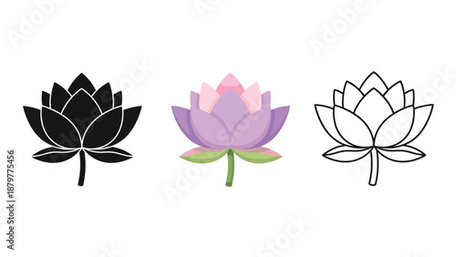 Collection of stylized lotus flower icons presented in solid black color fill outline and color formats