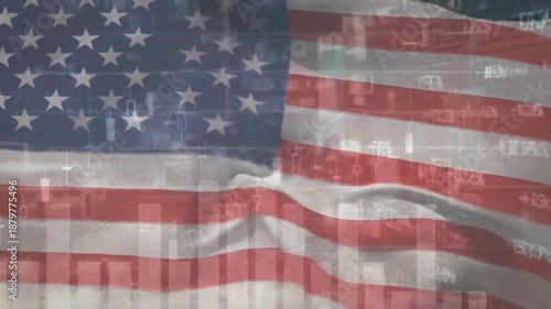 Animation of financial data processing over flag of USA