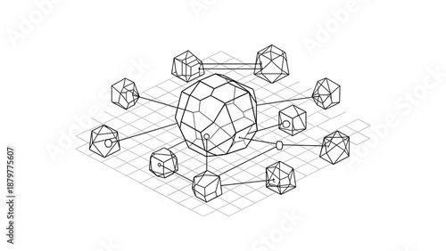 Complex network of interconnected geometric shapes forms abstract 3D structure on grid background.