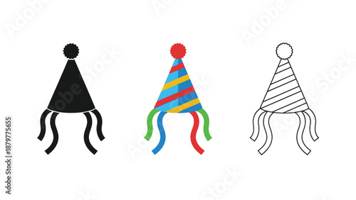 Collection of party hat icons showing flat solid color outline and colorful designs variations