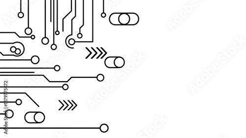 Abstract digital circuit board lines with connecting points, arrows, and toggle shapes.