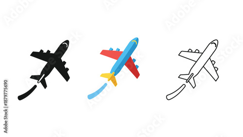 Collection of airplane icons showing different graphic styles for air travel and flight concepts