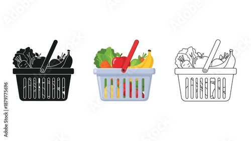Set of three grocery shopping baskets filled with fresh fruits and vegetables illustrating different styles