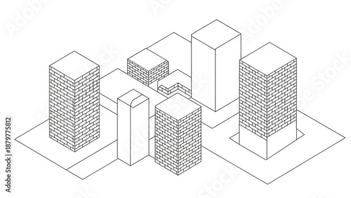 Isometric line art illustration showcases minimalist city landscape with various buildings and structures.