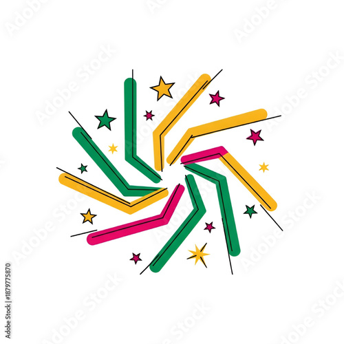 Playful symmetrical star-like pattern formed by colorful angular lines and scattered stars and dots.