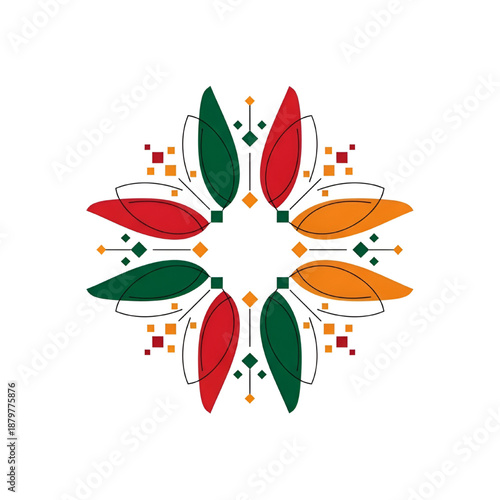 Vibrant symmetrical mandala-like pattern created from colorful stylized leaves and small geometric shapes.