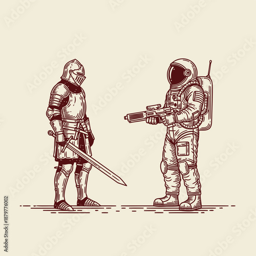 An astronaut in a spacesuit faces off against a medieval knight with a sword and gun in a unique confrontation