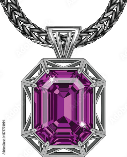 Luxury silver pendant necklace, emerald cut purple gemstone, elegant jewelry illustration, sparkling amethyst charm, isolated white background design for catalog