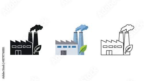 Industrial factory icon set illustrating sustainable manufacturing processes and clean energy transitions