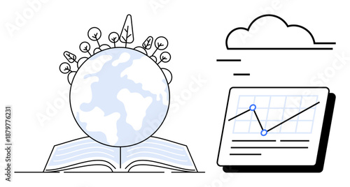 Open book supporting Earth with growing plants as visualization of progress, data graph symbolizing analysis, cloud for connectivity. Ideal for education, sustainability, analytics, growth