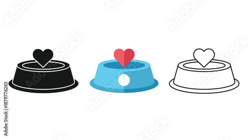 Collection of pet food bowl icons featuring a heart symbol in various styles for animal care