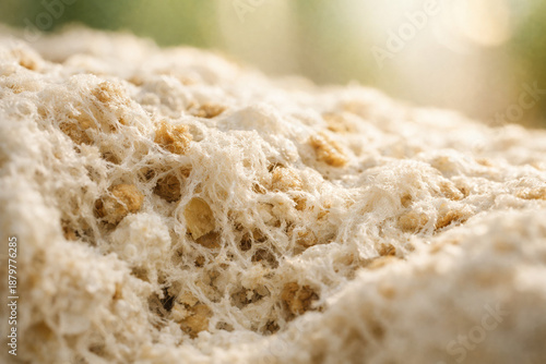 Close-up macro shot of organic mycelium packaging texture showcasing natural fungal fibers intertwined with substrate material, highlighting sustainable, eco-friendly biomass applications.
