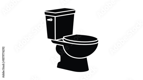 Simple black silhouette of a standard toilet with a tank and bowl design against a white background Vector