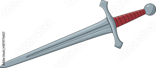 Medieval sword illustration, steel blade weapon design, fantasy knight equipment, isolated vector art, historical combat tool, cartoon style, game asset
