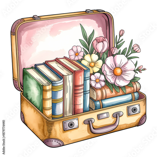 A vintage suitcase filled with stacked books and delicate spring flowers is isolated on a transparent background for design.