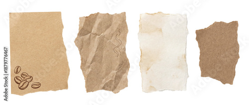Φωτογραφία Set of torn kraft and stained paper sheets including coffee bean sketch, crumple