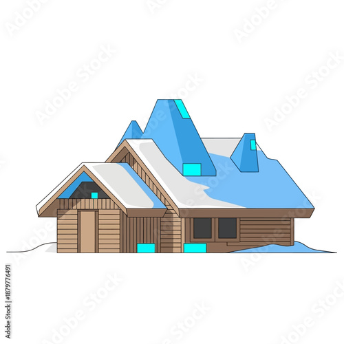 Snow-covered wooden cabin with blue skylights in winter landscape illustration from a frontal viewpoint