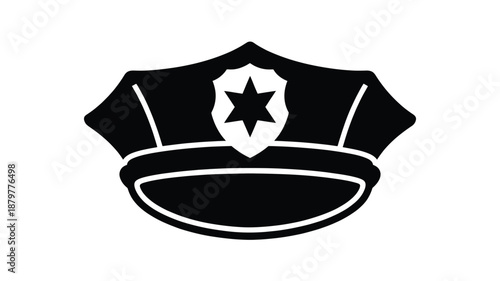Classic black police officer hat with a prominent star badge silhouette icon representing law enforcement Vector