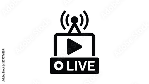 Live stream broadcast icon featuring a play button, antenna, and  Vector