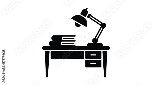 Minimalist black silhouette icon of a study desk with books and a classic desk lamp Vector