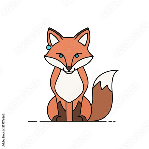 A cartoon fox sitting on the ground with a curious expression viewed from the front