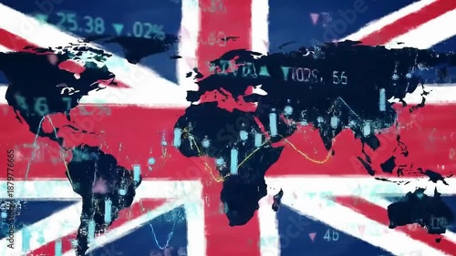 Digital animation shows global finance data processing with a Union flag