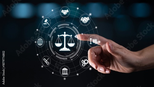 Futuristic digital law interface displaying justice scale, highlighting digital law image