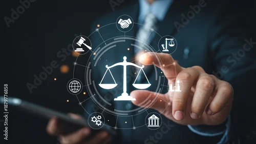Obraz Futuristic digital law interface displaying justice scale, highlighting digital law image
