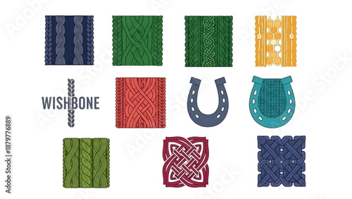 Rich compilation of knitting textures, traditional horseshoes, and intricate Celtic knot patterns.