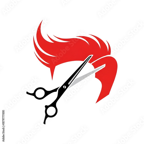 Barber's sharp scissors precisely trim stylish red men's wavy hairstyle against white backdrop.